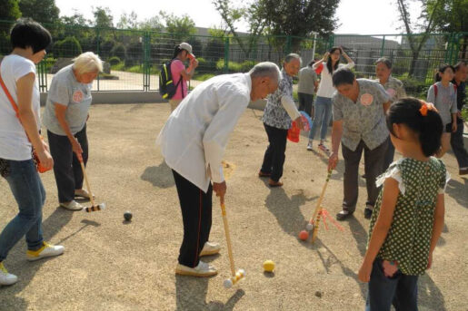 Elderly playing outdoor sports at Amity's elderly home