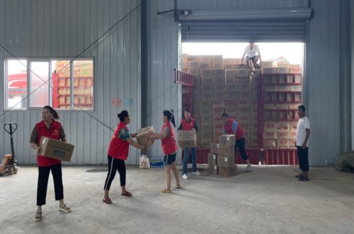 Volunteer loading relief supplies out of a transit depot